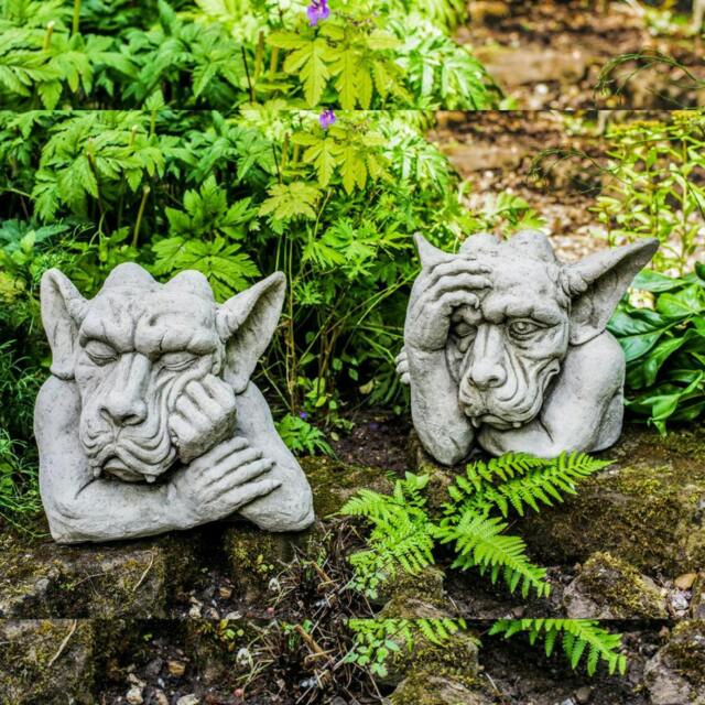 Rackhams Pair of Large Hand on Head Sleepy Gargoyle Garden Statues - image 1