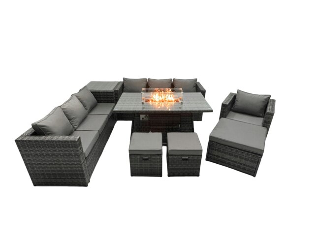 Rackhams Rattan Garden Furniture Fire Pit Dining Set 7 Seater Lounge Sofa Table Set with side table 3 Footstool - image 1