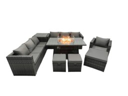 Rackhams Rattan Garden Furniture Fire Pit Dining Set 7 Seater Lounge Sofa Table Set with side table 3 Footstool - thumbnail 1