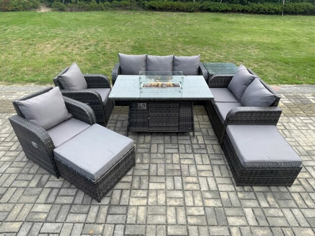 Rackhams Rattan Outdoor Garden Furniture Set with Gas Fire Pit Table, 2 Sofas, 2 Chairs, 1 Side Table,  2 Footstools - 9 Seater - Dark Grey - image 1