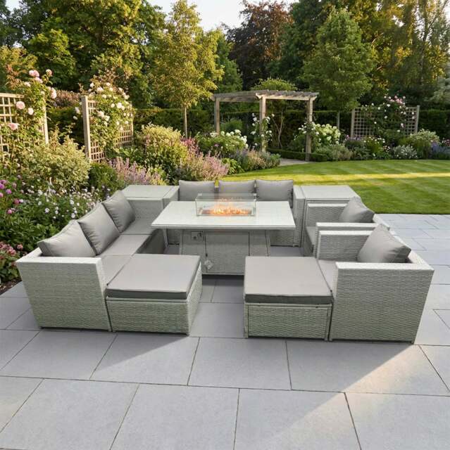 Rackhams 10 Seater Rattan Outdoor Garden Furniture Set with Fire Pit Dining Table, 2 Sofas, 2 Side Tables, 2 Chairs & 2 Footstools - Light Grey - image 1