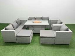 Rackhams 10 Seater Rattan Outdoor Garden Furniture Set with Fire Pit Dining Table, 2 Sofas, 2 Side Tables, 2 Chairs & 2 Footstools - Light Grey - thumbnail 3