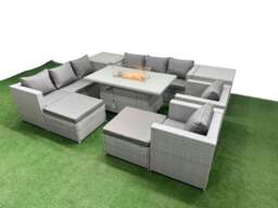 Rackhams 10 Seater Rattan Outdoor Garden Furniture Set with Fire Pit Dining Table, 2 Sofas, 2 Side Tables, 2 Chairs & 2 Footstools - Light Grey - thumbnail 2