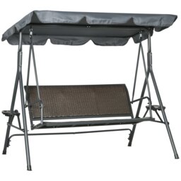 Rackhams 3 Seater Garden Swing Seat Bench w/ Adjustable Canopy, Dark Grey - Dark Grey, Brown - Steel, Polyester, PE Rattan - 204W x 112D x 150H cm - thumbnail 2