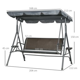 Rackhams 3 Seater Garden Swing Seat Bench w/ Adjustable Canopy, Dark Grey - Dark Grey, Brown - Steel, Polyester, PE Rattan - 204W x 112D x 150H cm - thumbnail 6