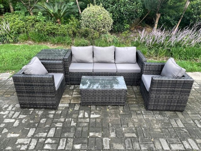 Rackhams Rattan Garden Furniture Set with 3 Seater Sofa Coffee Table Side Table 2 Armchairs Indoor Outdoor Patio Lounge Sofa Set Dark Grey Mixed - image 1