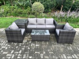 Rackhams Rattan Garden Furniture Set with 3 Seater Sofa Coffee Table Side Table 2 Armchairs Indoor Outdoor Patio Lounge Sofa Set Dark Grey Mixed - thumbnail 1