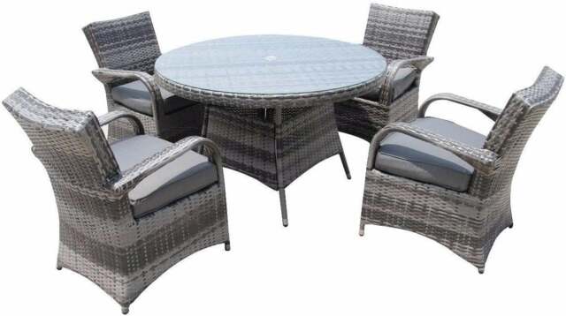 Rackhams 5 PCS Rattan Garden Furniture Dining Set - 4 Seater Patio Round Tempered Glass Dining Table Set- NO ASSEMBLY & ALUMINIUM FRAME - Nautral - image 1