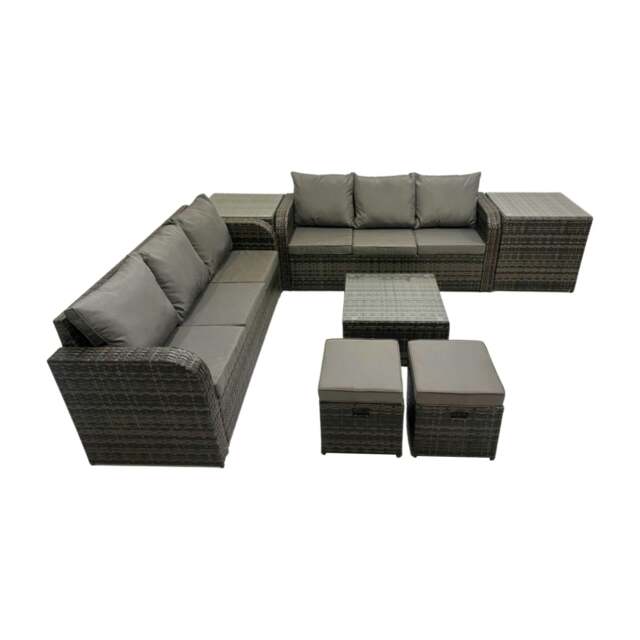 Rackhams Rattan Garden Outdoor Furniture Set 3 Seater Sofa Square Coffee Table Set with 2 Side Tables 2 Small Stools Dark Grey Mixed - image 1