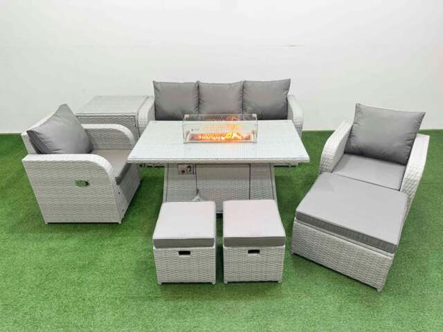 Rackhams PE Rattan Garden Furniture Set Reclining Chair Sofa Lounge Sofa Set Fire Pit Dining Table Side Table 3 Stools Light Grey - image 1