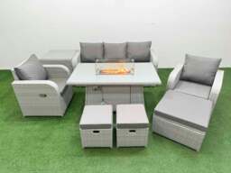 Rackhams PE Rattan Garden Furniture Set Reclining Chair Sofa Lounge Sofa Set Fire Pit Dining Table Side Table 3 Stools Light Grey - thumbnail 1