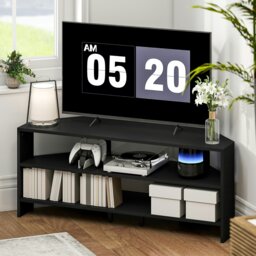 Rackhams Corner TV Stand, TV Unit with Open Shelves for 47 Inch TV, Black - White - Smooth - 1 - thumbnail 2