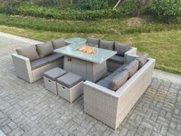 Rackhams Rattan Outdoor Garden Dining Set With Gas Heater Fire Pit Dining Table, 3 Sofas, 1 Side Table, 2 Footstools - 11 Seater - Light Grey - thumbnail 1