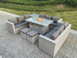 Rackhams Rattan Outdoor Garden Dining Set With Gas Heater Fire Pit Dining Table, 3 Sofas, 1 Side Table, 2 Footstools - 11 Seater - Light Grey - thumbnail 2