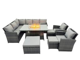 Rackhams 11 Seat Poly Rattan Outdoor Patio Gas Firpit Dining Table Corner Sofa Set with 3 Stool 2 Chairs for Garden Backyard Dark Grey Mixed - thumbnail 1