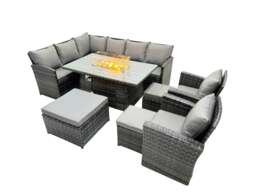 Rackhams 11 Seat Poly Rattan Outdoor Patio Gas Firpit Dining Table Corner Sofa Set with 3 Stool 2 Chairs for Garden Backyard Dark Grey Mixed - thumbnail 2