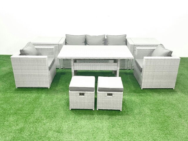 Rackhams Garden Dining Set Outdoor Rattan Furniture Set with Sofa Dining Table 2 Chairs 2 Small Footstools 2 Side Tables Light Grey Mixed - image 1