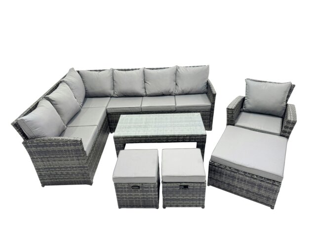 Rackhams 10 Seat Poly Rattan Outdoor Patio Oblong Coffee Table Corner Sofa Set with 3 Stool Chair for Garden Backyard Dark Grey Mixed - image 1