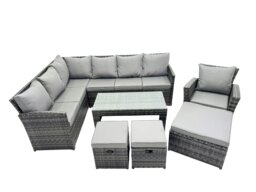 Rackhams 10 Seat Poly Rattan Outdoor Patio Oblong Coffee Table Corner Sofa Set with 3 Stool Chair for Garden Backyard Dark Grey Mixed - thumbnail 1