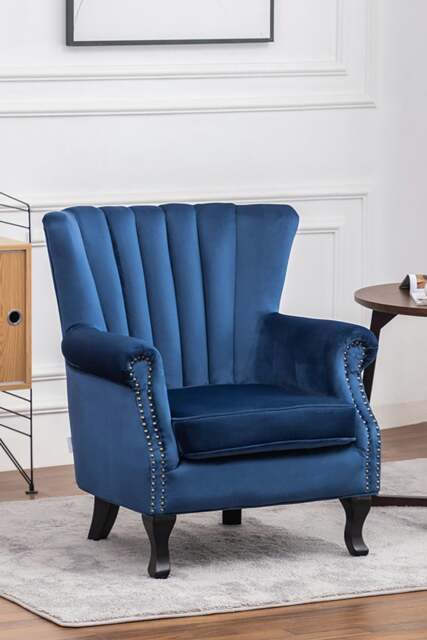 Rackhams Vintage Velvet Wing Back Armchair with Studs - Blue - image 1