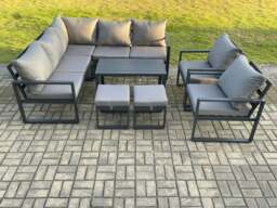 Rackhams 9 Seater Aluminium Outdoor Garden Furniture Set Patio Lounge Sofa with Oblong Coffee Table 2 Small Footstools Dark Grey - thumbnail 2