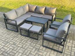 Rackhams 9 Seater Aluminium Outdoor Garden Furniture Set Patio Lounge Sofa with Oblong Coffee Table 2 Small Footstools Dark Grey - thumbnail 1
