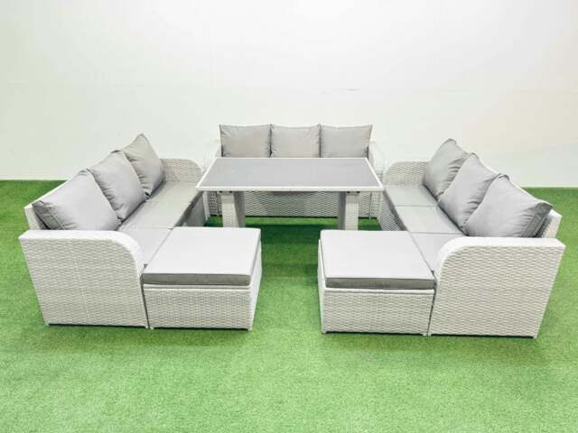 Rackhams Patio Garden Furniture Sets with Black Glass Top Dining Table 3 Seater Sofa 2 Big Stool Light Grey - image 1