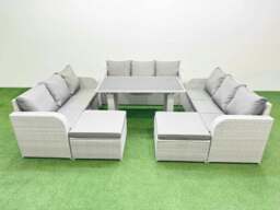 Rackhams Patio Garden Furniture Sets with Black Glass Top Dining Table 3 Seater Sofa 2 Big Stool Light Grey - thumbnail 1