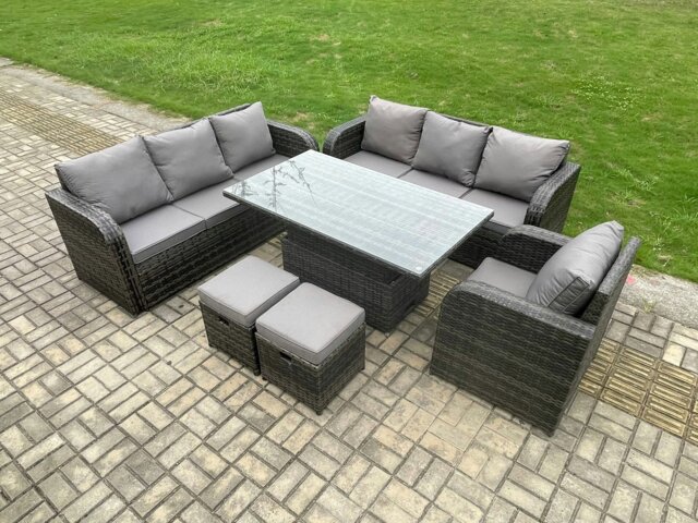 Rackhams Dark Grey Mixed Rattan Outdoor Dining Set - Height Adjustable Lifting Table, Reclining Chair & 2 Small Footstools - image 1