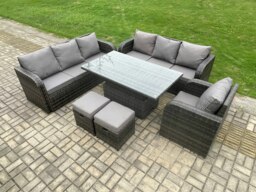 Rackhams Dark Grey Mixed Rattan Outdoor Dining Set - Height Adjustable Lifting Table, Reclining Chair & 2 Small Footstools - thumbnail 2