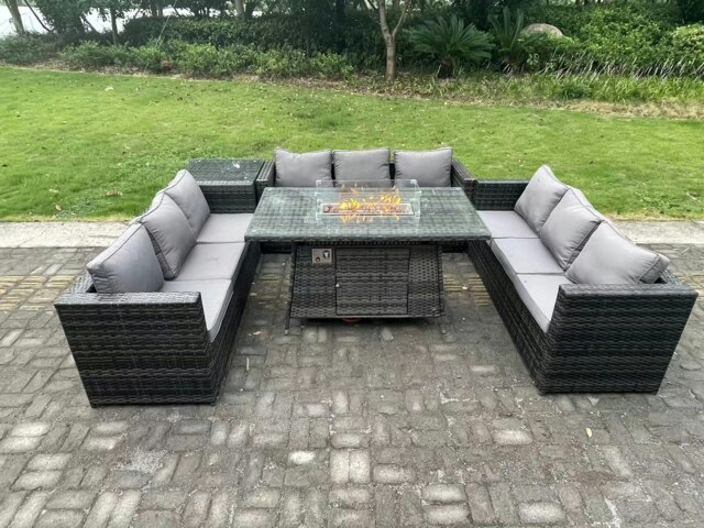 Rackhams 9 Seater Rattan Garden Furniture Sofa Set Outdoor Patio Gas Fire Pit Dining Table Gas Heater Burner With Side Table Dark Grey Mixed - image 1