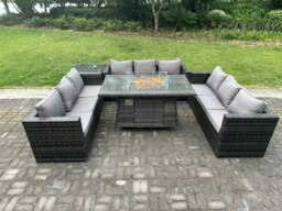Rackhams 9 Seater Rattan Garden Furniture Sofa Set Outdoor Patio Gas Fire Pit Dining Table Gas Heater Burner With Side Table Dark Grey Mixed - thumbnail 1