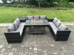 Rackhams 9 Seater Rattan Garden Furniture Sofa Set Outdoor Patio Gas Fire Pit Dining Table Gas Heater Burner With Side Table Dark Grey Mixed - thumbnail 2