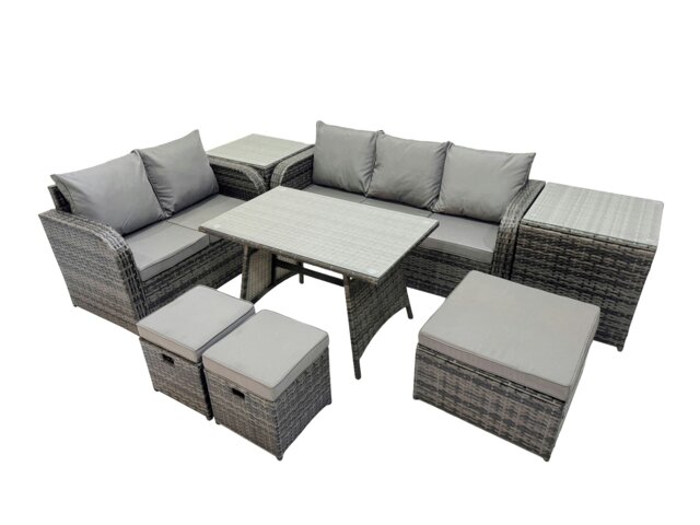 Rackhams Garden Rattan Outdoor Furniture Set 8 Seater with Love Sofa 3 Seater Sofa 2 Side Table 3 Stool Dark Grey - image 1