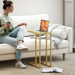 Rackhams C-Shaped Side Table, End Table with Tempered Glass Tabletop, Gold - Gold Tone