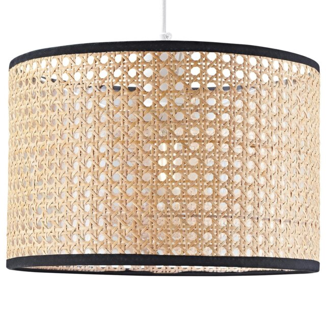Rackhams Natural Wicker Rattan Drum Shaped Pendant Lamp Shade with Black Cotton Trims - image 1