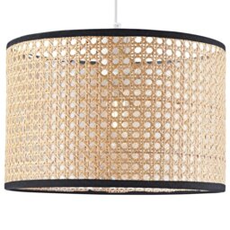 Rackhams Natural Wicker Rattan Drum Shaped Pendant Lamp Shade with Black Cotton Trims - thumbnail 1
