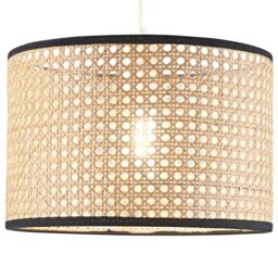 Rackhams Natural Wicker Rattan Drum Shaped Pendant Lamp Shade with Black Cotton Trims - thumbnail 2