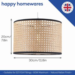 Rackhams Natural Wicker Rattan Drum Shaped Pendant Lamp Shade with Black Cotton Trims - thumbnail 6