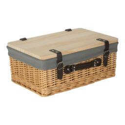 Rackhams Buff Grey Lined Willow Picnic Basket with Pinewood Lid - Medium - 1 - Wicker and Pinewood - thumbnail 2