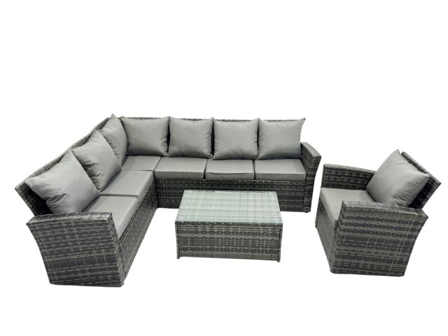 Rackhams High Back Rattan Corner Sofa Set Oblong Coffee Table Outdoor Furniture dark Grey Left Option With Extra Chair - image 1