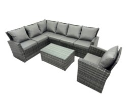 Rackhams High Back Rattan Corner Sofa Set Oblong Coffee Table Outdoor Furniture dark Grey Left Option With Extra Chair - thumbnail 2