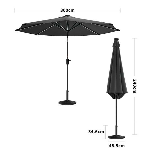 Rackhams 3M Sunbrella Umbrella Dark Grey Lighted Market with Solar Strip LED Lights - Parasol + Rattan#2 Effect 14KG Resin tank base - image 1