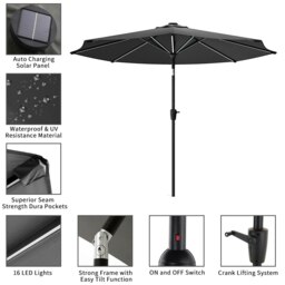 Rackhams 3M Sunbrella Umbrella Dark Grey Lighted Market with Solar Strip LED Lights - Parasol + Rattan#2 Effect 14KG Resin tank base - thumbnail 6