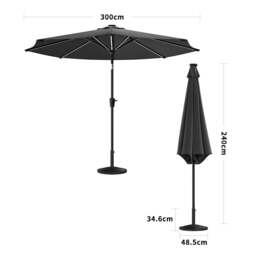 Rackhams 3M Sunbrella Umbrella Dark Grey Lighted Market with Solar Strip LED Lights - Parasol + Rattan#2 Effect 14KG Resin tank base