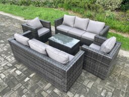 Rackhams Wicker PE Rattan Sofa Set Outdoor Patio Garden Furniture with 2 Armchairs Oblong Coffee Table Dark Grey Mixed - thumbnail 1