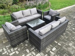Rackhams Wicker PE Rattan Sofa Set Outdoor Patio Garden Furniture with 2 Armchairs Oblong Coffee Table Dark Grey Mixed - thumbnail 2