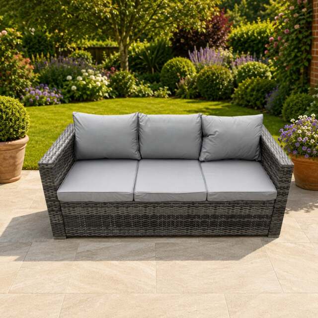Rackhams 3 Seater Rattan Lounge Sofa with Seat and Back Cushion - Grey - image 1