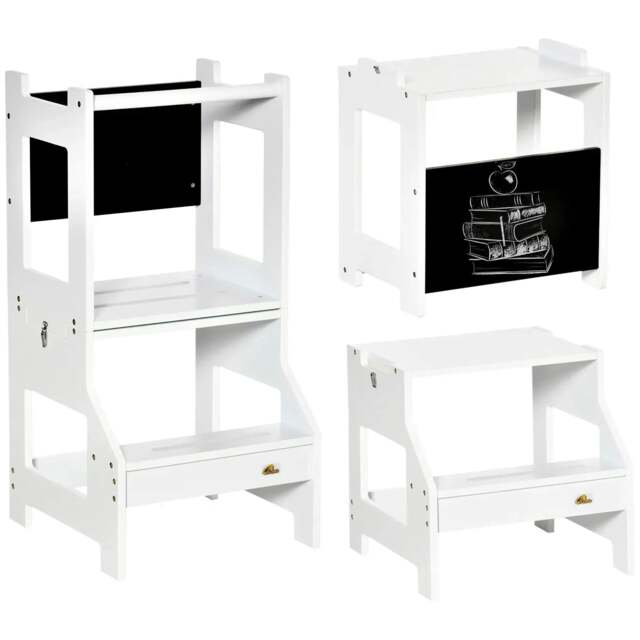 Rackhams 2 in 1 Kids Kitchen Step Stool with Safety Rail Toddler Steps with Chalkboard for Kitchen Bathroom, White - image 1