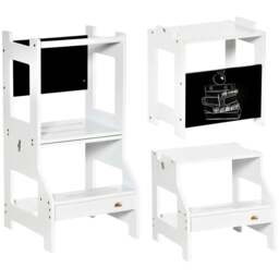 Rackhams 2 in 1 Kids Kitchen Step Stool with Safety Rail Toddler Steps with Chalkboard for Kitchen Bathroom, White - thumbnail 1
